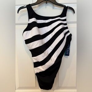 Longitude One Piece Black And White Stripe Swimsuit Size 16 Tummy Control NWT💚
